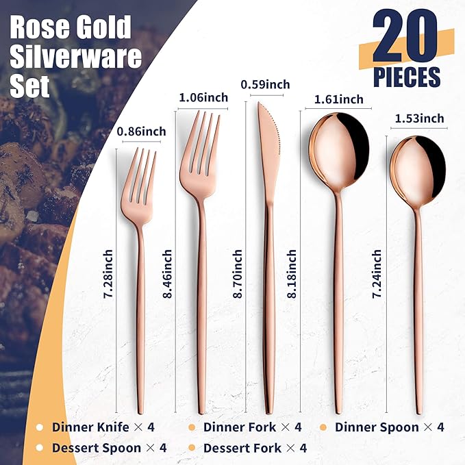 20 Piece Copper Silverware Set,Stainless Steel Flatware Cutlery Set Service for 4 Including Forks Spoons Knives,Kitchen Utensil Set,Tableware for Home and Restaurant, Dishwasher Safe