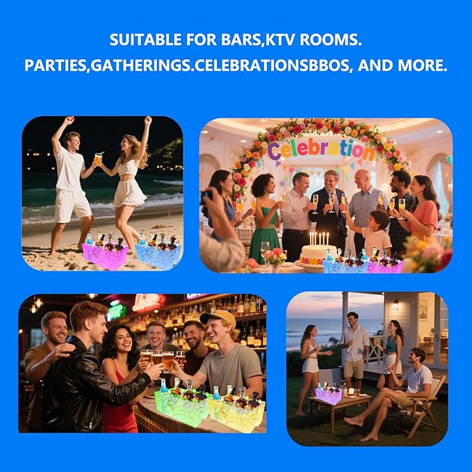 Plastic Colorful Ice Bucket for Parties,15Liter/4 Gallon Big LED Light Beverage Tub,Ice Bucket for Champagne/Beer/Drink/Wine/Cocktails/Bar,7-Color（Ice Grain ）