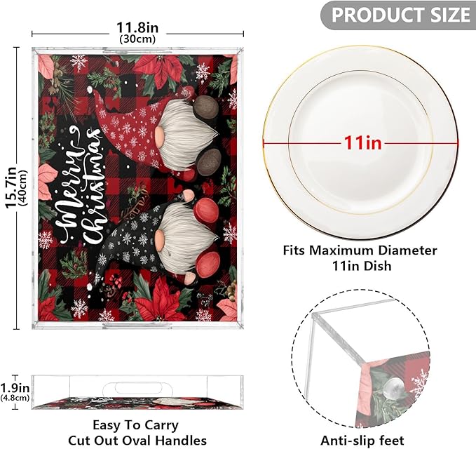Serving Tray with Handles Clear Acrylic Tray 12x16 Inch Decorative Rectangular Tray Organizer for Ottoman Coffee Table Bathroom Red Black Checkered Christmas Gnomes Holly