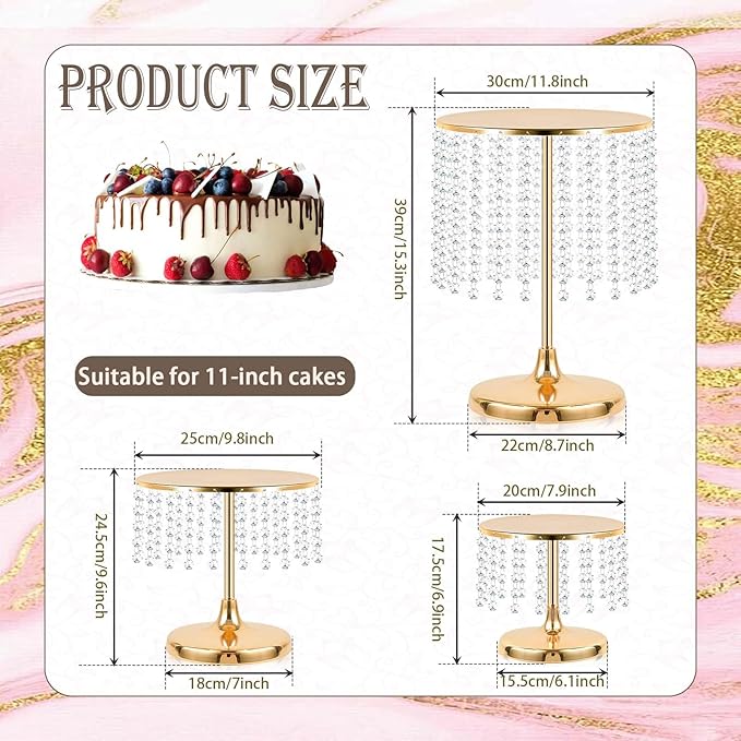 Metal Mirror Cake Stand Set with Crystal Pendants - Elegant Dessert Table Display for Weddings, Birthday Parties, Baby Showers, Events - Sturdy Crystal Bling Cupcake Stands for Pastries, Sweets, Decorations (Gold, Set of 6)