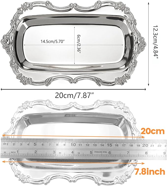 KUMGROT Small Fancy Serving Tray Tea Coffee Silver Tray Vintage Jewelry Organizer Elegant Dessert Platter Candy Table Supplies for Birthday Party Wedding Silver, 7.87"x4.84"