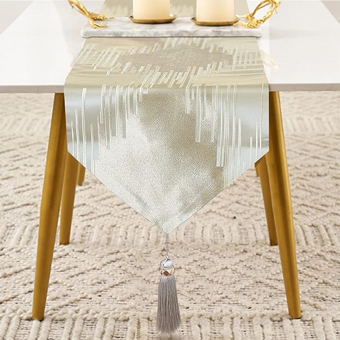 Beige Table Runner 98 Inches Long Abstract Lines Geometric Table Runners with Ring Stylish Tassels for Living Room Bedroom Holidays Events Dinner Dresser Art Decor