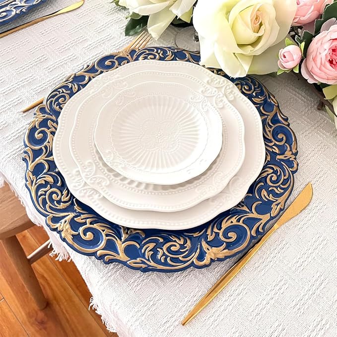 Antique Charger Plates with Gold Rim, 13 Inch Royal Blue Dinner Plate Chargers Round Server Ware, Set of 6 Plastic Embossed Charger for Dinner, Wedding, Elegant Tableware Decor