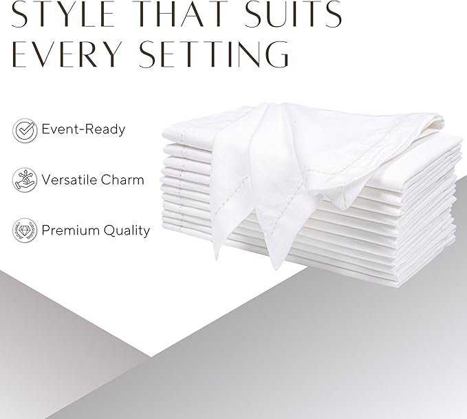 Ramanta Home White Coth Dinner Napkin Set of 12 Premium Cotton 18X18 Inch Linen Flax Hemstitched Soft & Durable Washable Ideal for Everyday Use Parties Thanksgiving Christmas Halloween