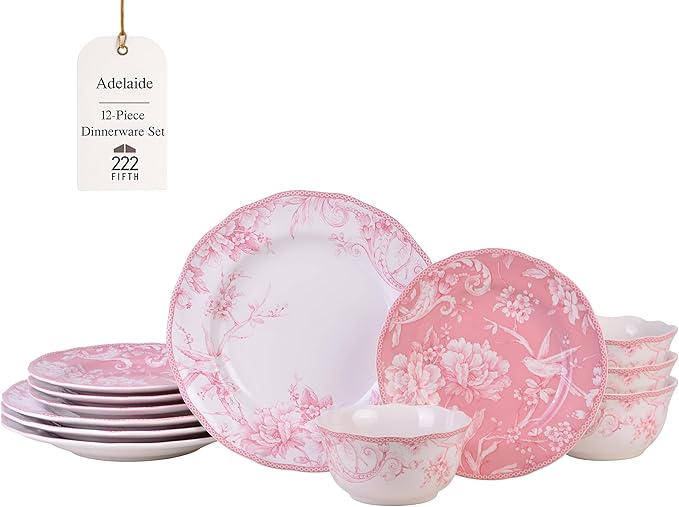 222 Fifth Adelaide Blush 12-Piece Pink Porcelain Dinnerware Set – Service for 4, Plate & Bowl Set, White with Pink Floral Pattern, for Daily Dining & Entertainment, Microwave & Dishwasher Safe