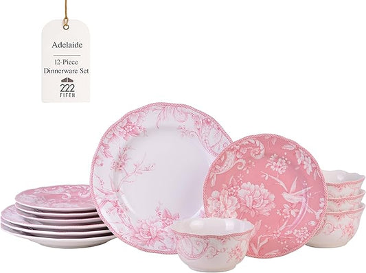 222 Fifth Adelaide Blush 12-Piece Pink Porcelain Dinnerware Set – Service for 4, Plate & Bowl Set, White with Pink Floral Pattern, for Daily Dining & Entertainment, Microwave & Dishwasher Safe