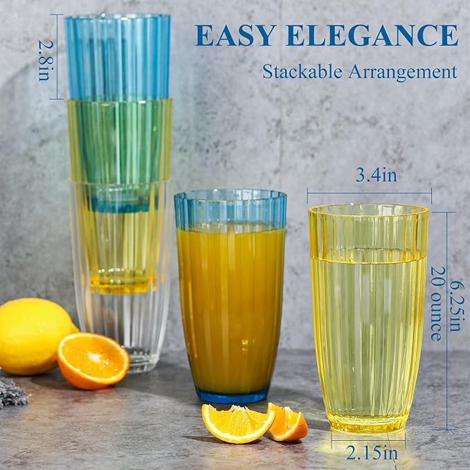 AKMQYM Acrylic Clear Highball Plastic Cups | Plastic Reusable Tumblers 20oz (Set of 8) | Stackable | BPA-free Tumblers | Shatterproof | Top-rack Dishwasher Safe