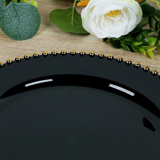 8" Salad Plates - Set of 20 - Plastic Black Gold Round Disposable Dessert Appetizer Plate Beaded Rim, Ideal for Dinner Party Wedding Bulk Events