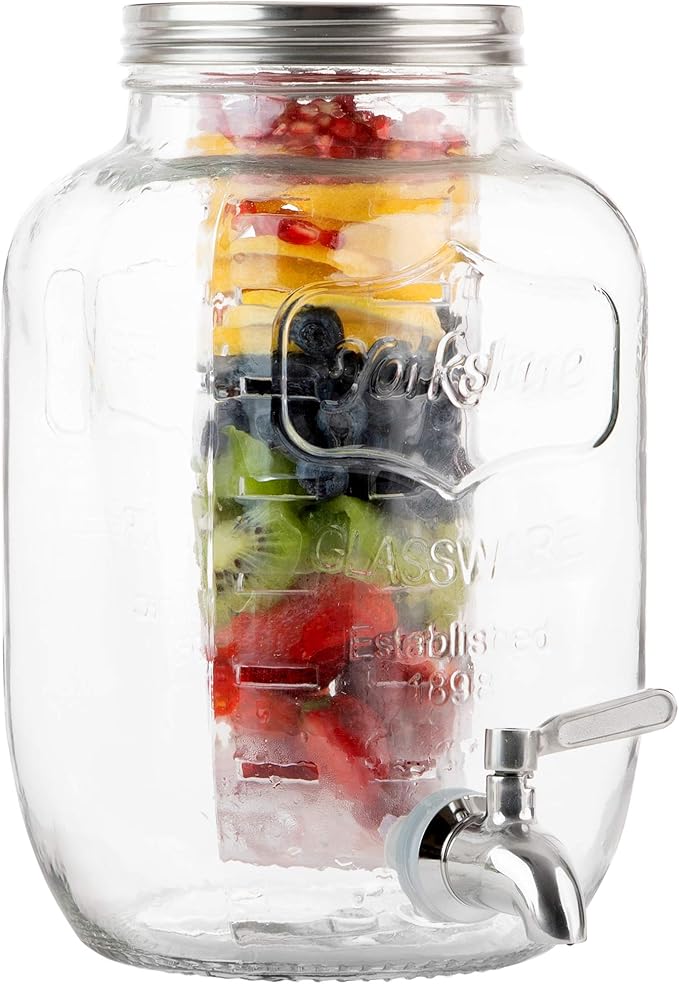 2 Gallon Glass Beverage Dispenser with Ice and Fruit Infusers, Stainless Steel Spigot and Metal Lid, Wide Mouth Mason Jar Drink Dispenser, for Iced Tea, Kombucha Brewing and more