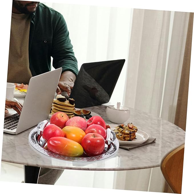 VICASKY European Style Pattern Fruit Serving Tray Silver Decorative Candy Storage Tray for Kitchen and Home Stainless Steel and Plastic Snack Holder for Parties and Daily Use