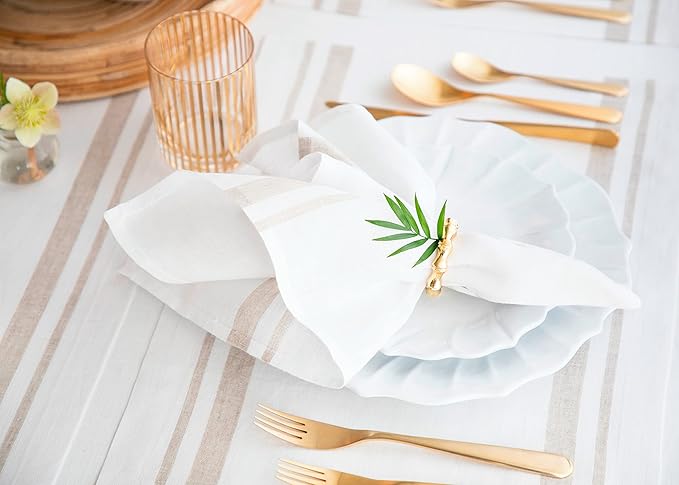 Solino Home Striped Linen Dinner Napkins Set of 4-100% Pure Linen Natural and White Cloth Napkins 20 x 20 Inch for Christmas, Winter, New Year - French Stripe, Handcrafted and Machine Washable