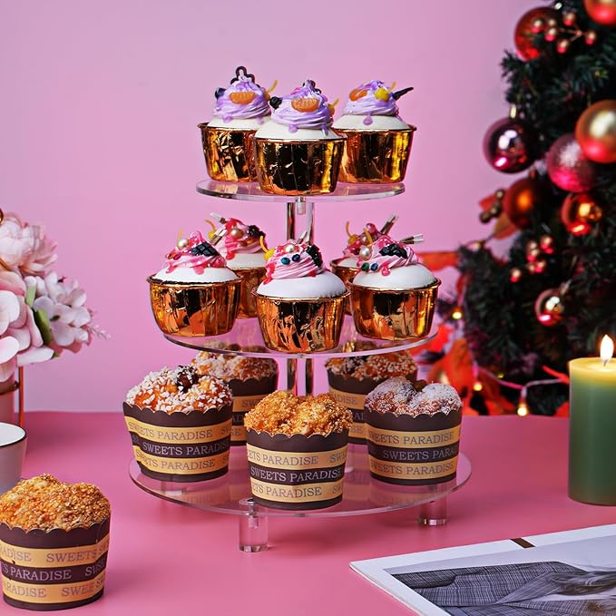 Acrylic Cupcake Stand, 3 Tier Round, Clear Dessert Tower Holder Display with Base for Baby Shower, Birthday Party,Wedding,Christmas,Reception (Rainbow Colors)