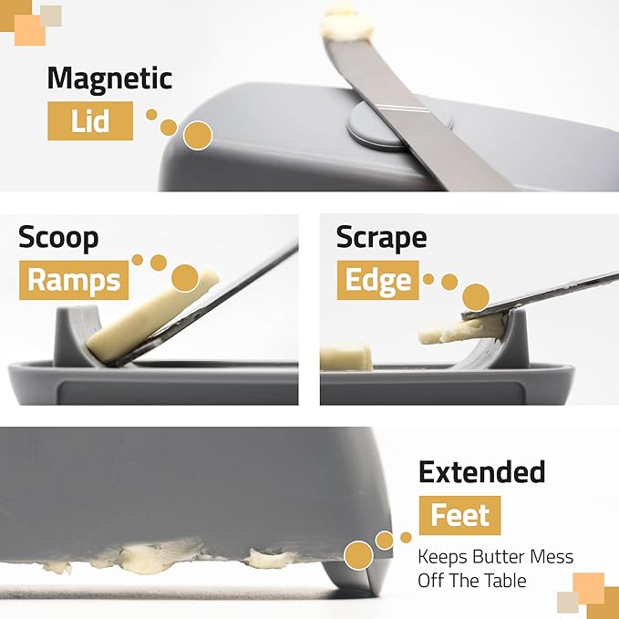 Butter Hub Butter Dish with Lid and Knife, Magnetic Butter Keeper, Easy Scoop, No Mess Lid, Plastic, Dishwasher Safe (White)