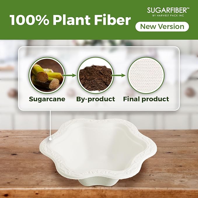 [400 COUNT]12oz Compostable Floral White Paper Bowls - Acanthus Collection Natural Sugarcane Disposable Bagasse Bowls Eco Friendly Plastic-Free ice cream Bowl Elegant - New Version