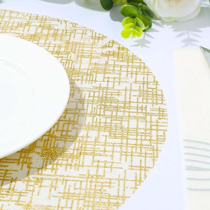20 Pack 13" Gold Glitter Mesh Placemats - Round Disposable Durable Perfect for Parties and Events