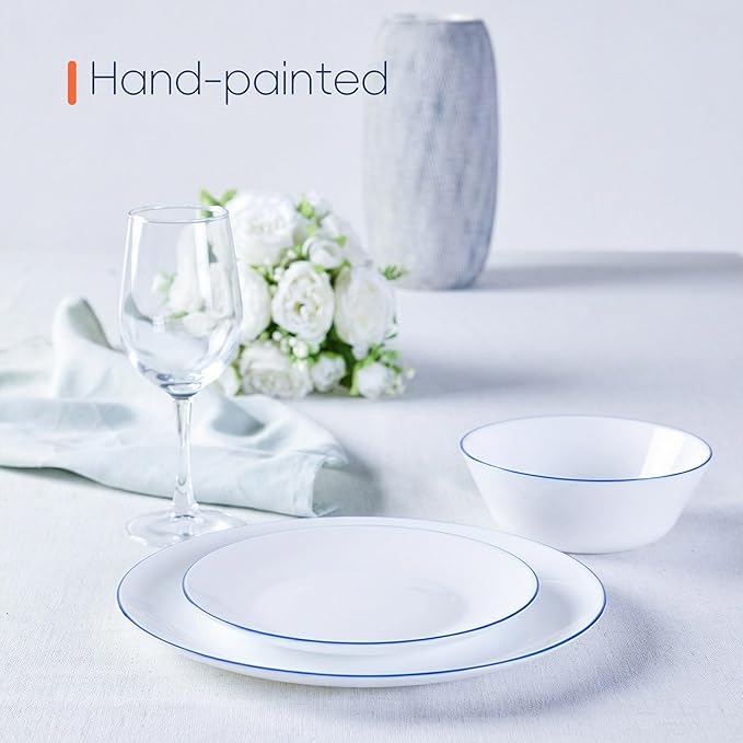 7.5 inch Appetizer Plate Set of 6, Lightweight Opal Glass Round Salad Plates for Dessert Kitchen, Dishwasher and Microwave Safe, Hand Painted Navy Blue Rim