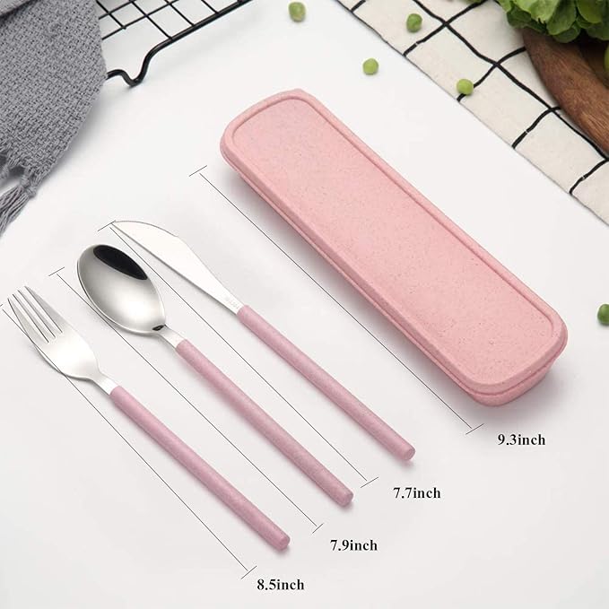 Portable Home Utensils Reusable Flatware Set with Case, Stainless Steel Metal Travel Cutlery Lunch Tableware 3 PCs Fork Spoon Knife with Colored Handle(Fork Spoon Knife 1 set, Pink)