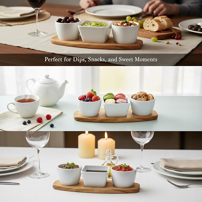 EFFETTO 3 Bowl Tidbit Set | 1 Square & 2 Round Bowls | On An Acacia Wood Tray | Ceramic | Great For Dips, Bite-Sized Sweets, and Snacks