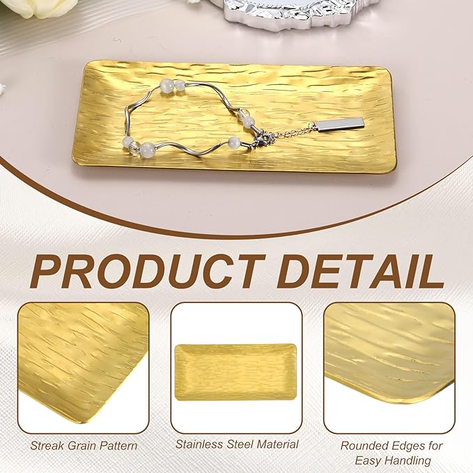 uxcell Decorative Tray, 5.9x3 Stainless Steel Rectangular Frosted Serving Tray with Streak Grain Pattern for Dessert Napkin Towel Candle Jewelry Bathroom Platter, Stackable, Gold