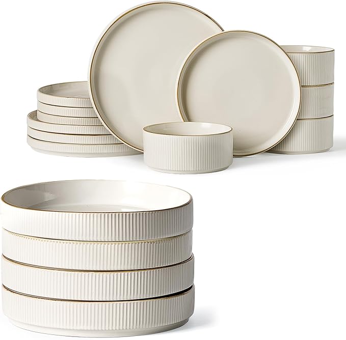 Famiware Star Dinnerware Set with Plates and Bowls, Service for 4 (16-Piece), Stoneware Kitchen Dishes Dinner Sets - Vanilla White