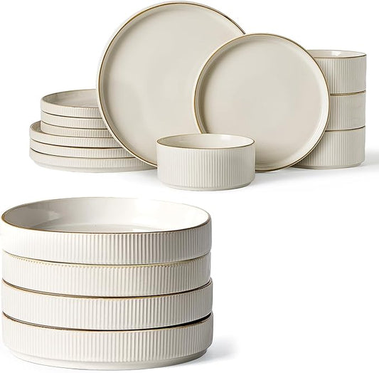 Famiware Star Dinnerware Set with Plates and Bowls, Service for 4 (16-Piece), Stoneware Kitchen Dishes Dinner Sets - Vanilla White