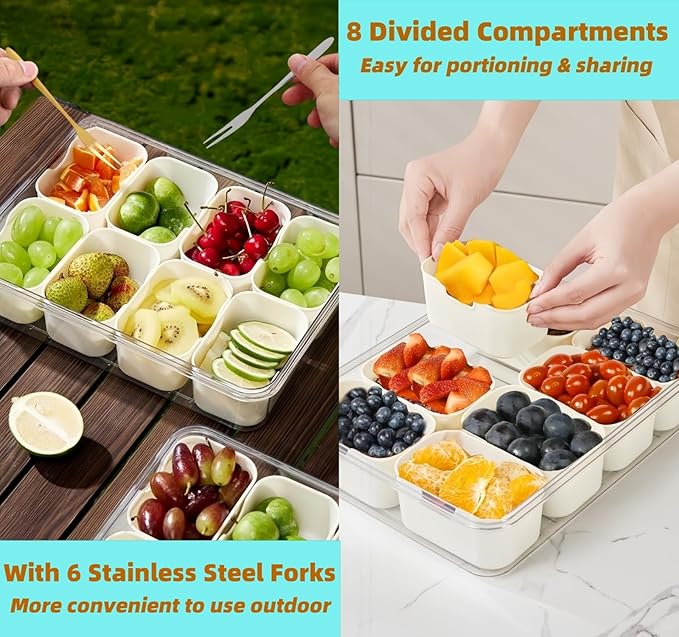 Snackle Box Container, Divided Serving Tray with Lid & Handle, Portable Snack Box Charcuterie Container for Nuts,Candy,Fruits, Snack Platter with 8 Compartments&6 forks for Party,Entertaining,Picnic