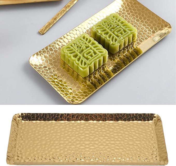 Hammered Trays, 25x11cm/9.8x4.3in Towel Hammered Trays Serving Tray Stainless Steel Multi Purpose Dishwasher Safe Dessert Tray Plate for Home Restaurant Silver (Gold)