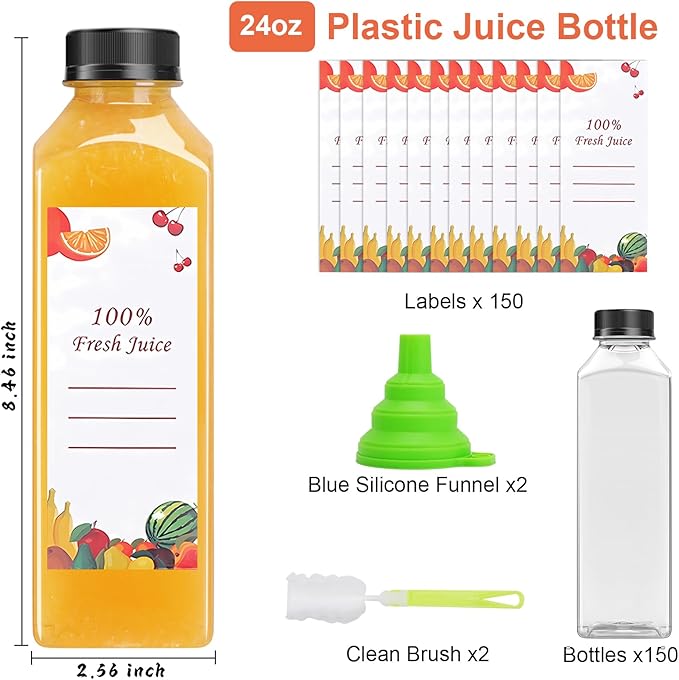 Plastic Juice Bottles 150 pcs 24 oz Empty Plastic Water Bottles with Caps Reusable Clear Beverage Containers for Drinking, Juicing, Smoothie, Water with 2 Brushes, 2 Funnels (24-OZ)