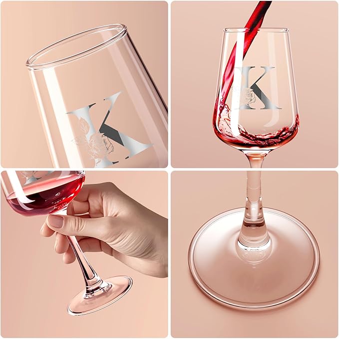 Personalized Wine Glass Gifts for Women - Monogrammed A-Z Wine Glasses Gift | Custom Christmas Gift, Valentines Day, Birthday Gifts for Women Her Mom Wife Best Friend Sister (K)