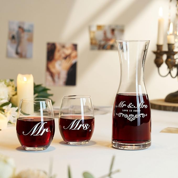 AW BRIDAL Engagement Gifts for Couples 2025, Mr and Mrs Wine Glasses with Decanter Set for Anniversary Christmas, Wedding Gift for Newly Engaged Couple, Bridal Shower Gift for Bride to Be