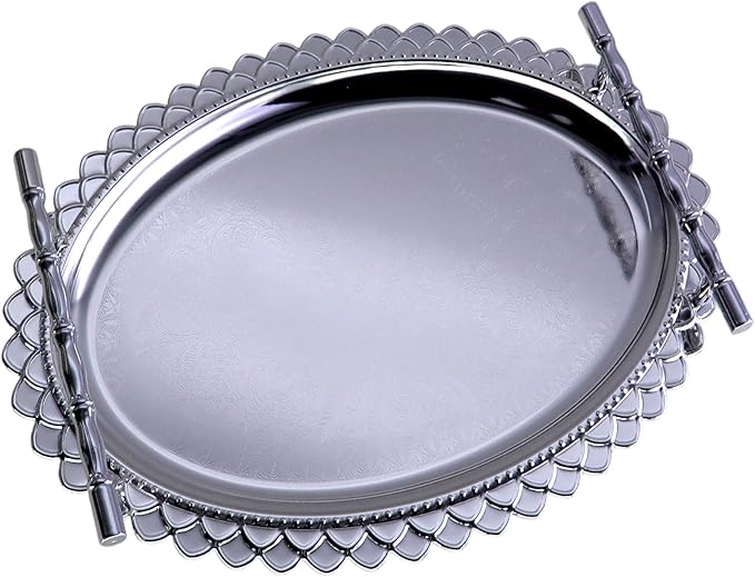 14.6 inch x 11 inch Oval Chrome Plated Silver Serving Tray with Handles Stylish Design Floral Plant Engraved Edge Party Birthday Dessert Buffet Platter Plate FST-084