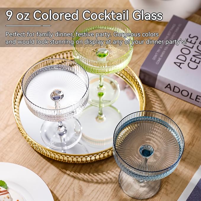 Cyrelwing Colored Coupe Glasses Set of 6 Vintage Art Deco Colorful Champagne Coupe glasses 9 oz,Ribbed Martini Cocktail Glasses|Colored Cocktail Glasses Set for Espresso,Martini,Champagne