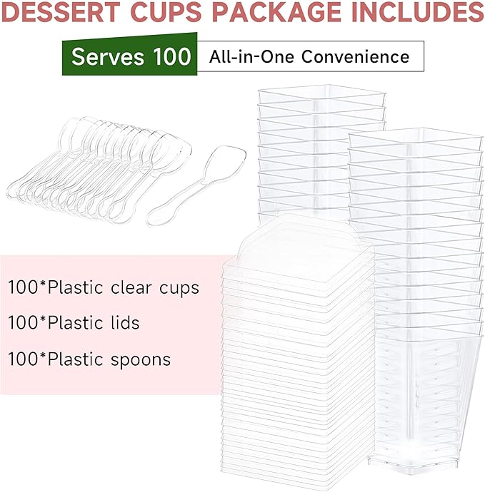 OTOB 300 Pack 5.4 oz Dessert Cups with Lids and Spoons | Serves 100 | Small Square Plastic Cake Pudding Cups, Mini Party Serving Cups for Parfait, Yogurt, Appetizers, Mousse, Dessert Shot Glasses Bowl