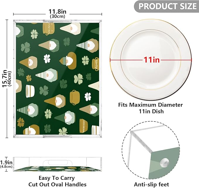 Serving Tray with Handles Clear Acrylic Tray 12x16 Inch Decorative Rectangular Tray Organizer for Ottoman Coffee Table Bathroom Green Clover Dwarf St