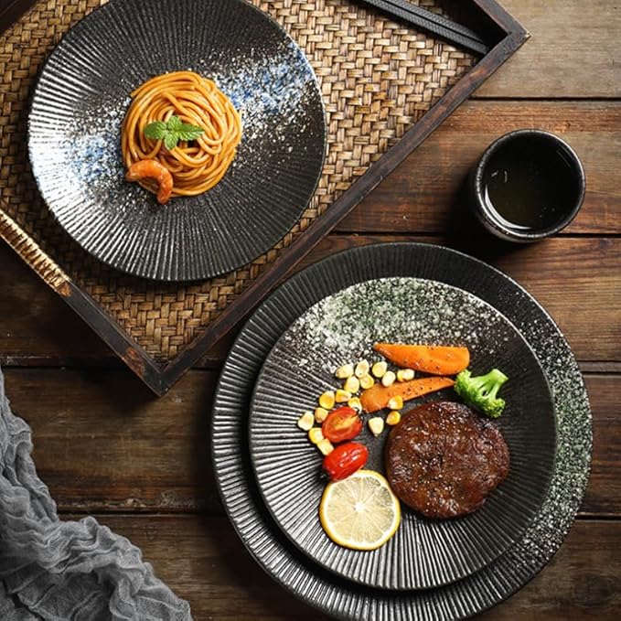 Dessert Plates 1pcs 8/10 Inch Ceramic Plate Simple Round Home Creative Steak Plates Spaghetti Line Flat Dishes Western Restaurant Tableware Dinner Tableware(B,Large)