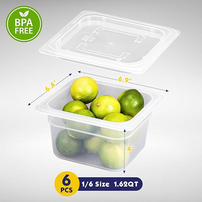 6 Pack 1/6 Size 4'' Deep Plastic Food Pans with Lids, Translucent, Commercial, BPA-free, Stackable Storage for Restaurants, Buffets