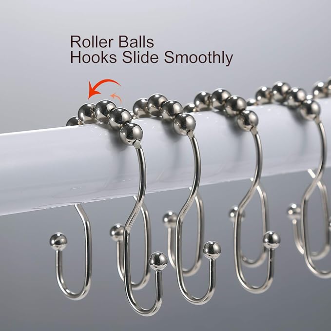 Goowin Shower Curtain Hooks, 12 Pcs Shower Curtain Rings, Stainless Steel Brush Nickel Shower Curtain Hooks Rings Rust Proof, Smooth Sliding Anti-Drop Double Shower Hooks for Shower Curtain (Nickel)