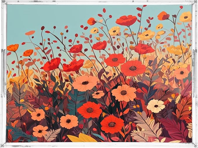 Serving Tray with Handles Clear Acrylic Tray 12x16 Inch Decorative Rectangular Tray Organizer for Ottoman Coffee Table Bathroom Autumn Poppy Flowers