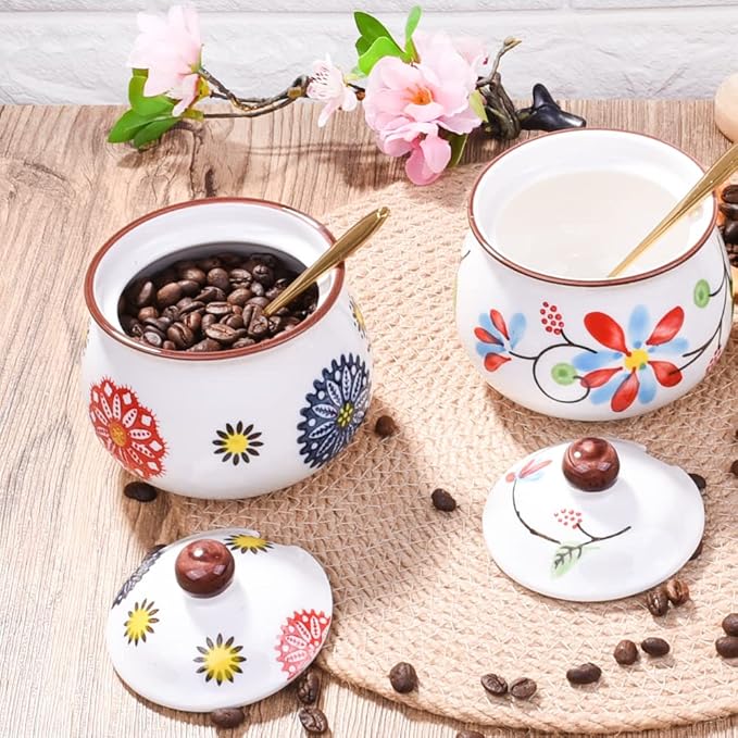 Porcelain Sugar Bowl with Lid and Spoon Seasoning Container Salt Jar for Home and Kitchen (HH)