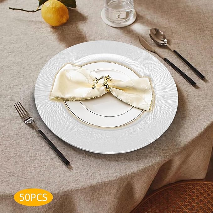 50 Pcs Antique Charger Plates Bulk 13 Inch Embossed Rim Plastic Party Dinner Plate Chargers Round Decorative Server Plate for Wedding Party Event Tableware (50pcs-Silver-2)