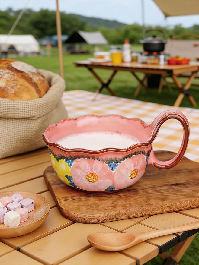silesia Handmade Ceramic Soup Bowl, 30 oz Hand Painted Bowl with Loop Handle, Floral Design Cereal Bowl for Soup, Ice cream, Snack, Microwave & Dishwasher Safe (Glazed Pink)