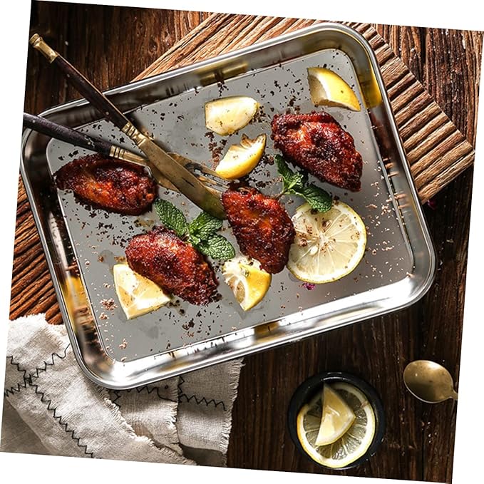 Cabilock Stainless Steel Rectangular Serving Tray 430 Food Storage Plate Flat Bottom Design for Restaurants and Hotels Silver Cooking Tray for Appetizers and Desserts