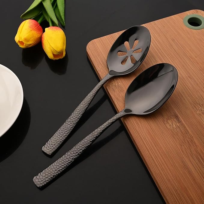 JASHII 5-Piece Black Hammered Flatware Hostess Set Stainless Steel Serving Fork Slotted Serving Spoon Butter Knife Teaspoon Set for Buffet Party Mirror Polished Dishwasher Safe