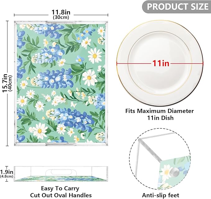 Serving Tray with Handles Clear Acrylic Tray 12x16 Inch Decorative Rectangular Tray Organizer for Ottoman Coffee Table Bathroom Mint Green Bluebonnet and Daisies