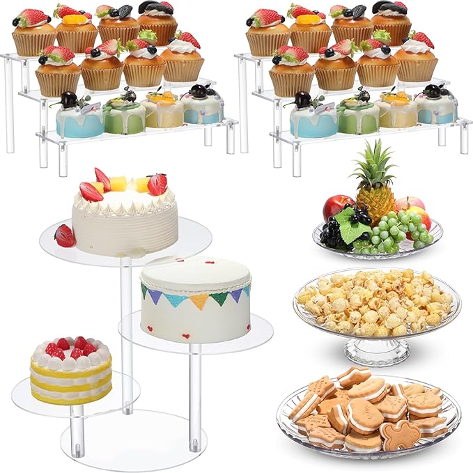 6 Pcs Acrylic Cake Stands Set Include 2 Display Risers 1 Pcs 4 Tier Cupcake Tower and 3 Clear Round Dessert Trays Cake Table Holder for Wedding Baby Shower Decoration(Vintage Style)