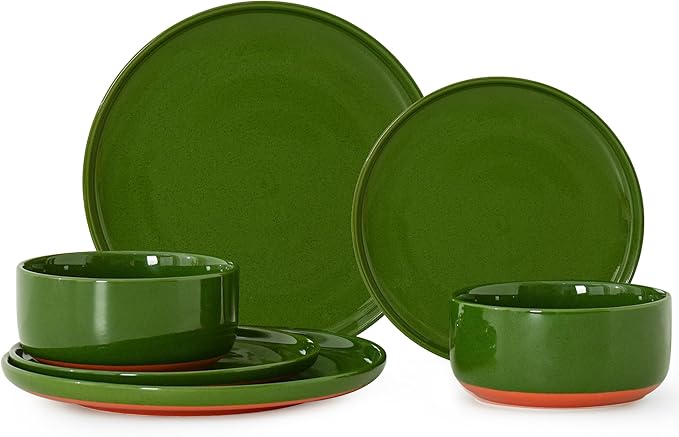 6 Piece Dinnerware Sets for 2, Dual Glaze Stoneware Plates and Bowls Set, Microwave and Dishwasher Safe, Forest Glaze Green
