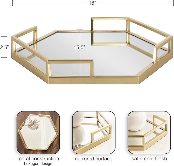 Kate and Laurel Gohana Mirrored Hexagon Tray with Gold Metal Handles, 16 x 18, Mirrored Glass and Gold, Modern Glam Serving Tray with Handles for Living Room Decor