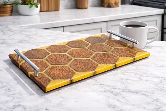 Acacia Wood Epoxt Resin Serving Tray with Silver Handal Gift for Housewarming Wedding Friends, Tea Lover Coffee Serving Tray