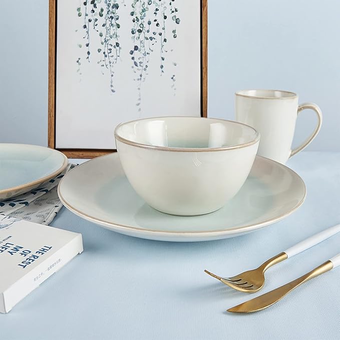 16-Piece Stoneware Dinnerware Set, Dish Set, Tableware Combination Set, Elegant White/Blue Serveware Set Service for 4, Including Dinner Plate, Desert Plate, Cereals Bowl, Mugs