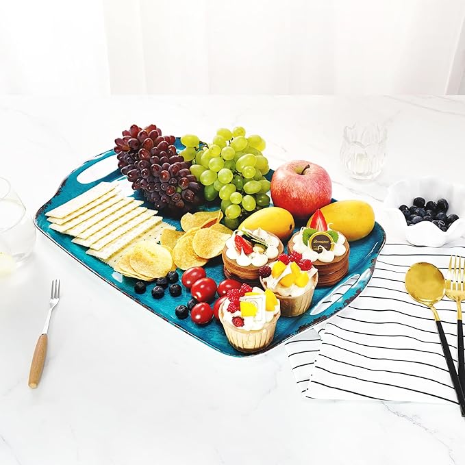 TP Large Serving Trays with Handles, 19" x 12" Melamine Serving Platters for Food, Turkey, Set of 2 Rectangular Trays for Party, Retro Teal